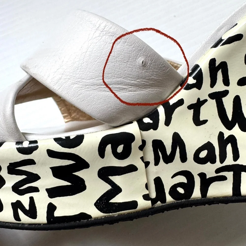 Stuart Weitzman White Leather Graphic Print Mule Wedge Heels Size 8 - Picture 12 of 13